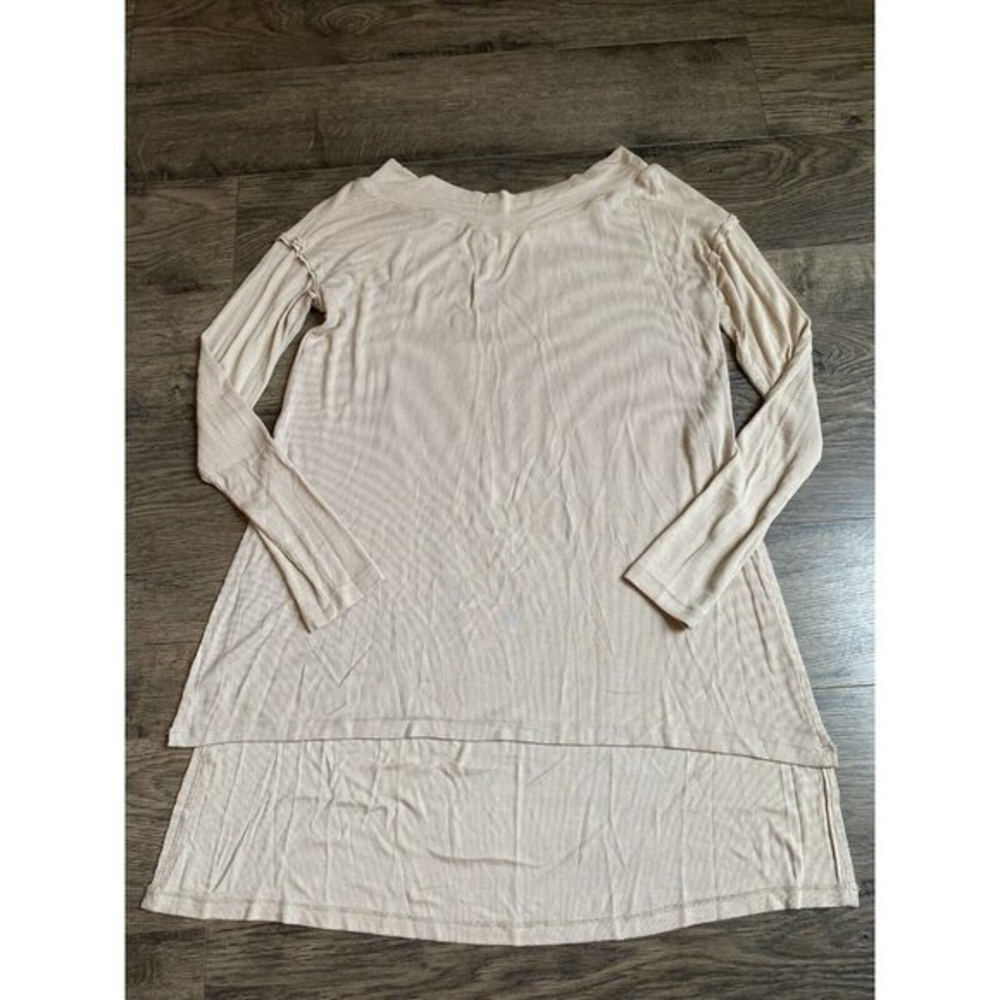 EUC Womens Miss Me Ribbed Stretchy Long‎ Sleeve Tan Top Tunic Side Split Size S